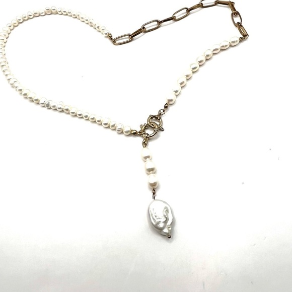 Pearl and Paperclip Chain Necklace Double Señorita Clasp GoldTone Long Lariat - Picture 15 of 15